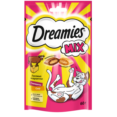 Dreamies MIX Лакомые подушечки для кошек кошачья говядина и сыр 60г (P43689)