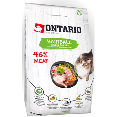 Ontario HAIRBALL для взрослых кошек с уткой и курицей