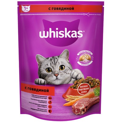 Whiskas Сухой корм для кошек Вкусные подушечки с нежным паштетом "Аппетитное ассорти с говядиной"