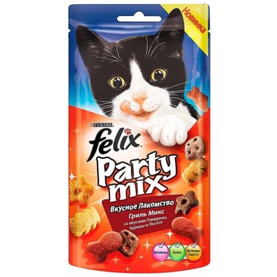 FELIX Party Mix Лакомство для кошек Гриль Микс со вкусами Говядины, Курицы и Лосося