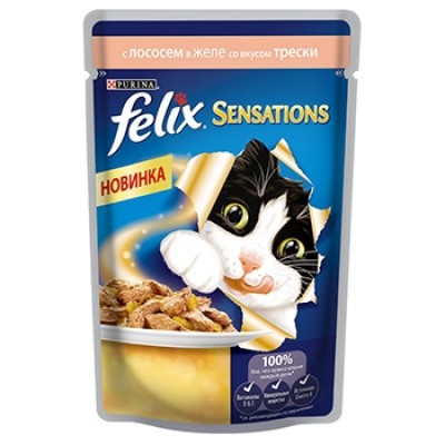 Felix Sensations для кошек с Лососем и треской в желе, пауч, 85гр. (05289)
