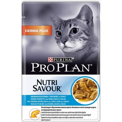 Pro Plan Nutri Savour DERMA для кошек с чувствительной кожей, треска в соусе, 85гр., пауч (P25358)
