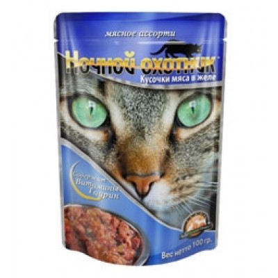 Ночной охотник консервы для кошек мясное ассорти в желе, 100 гр. (07676)