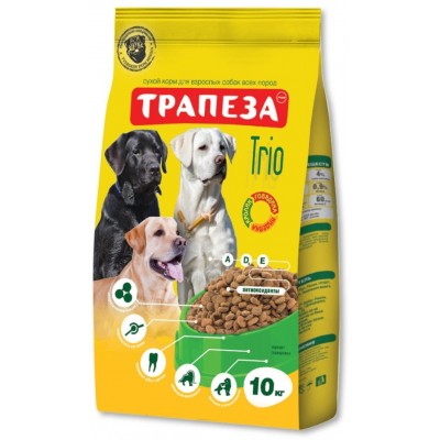 Трапеза TRIO сбалансированный высококалорийный сухой корм для взрослых собак всех пород, содержащий ТРИ вида мяса, 10кг (P40915)